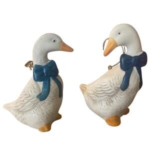 Vintage Goose Christmas Ornaments Pair Blue Bows, Farmhouse Country Holiday